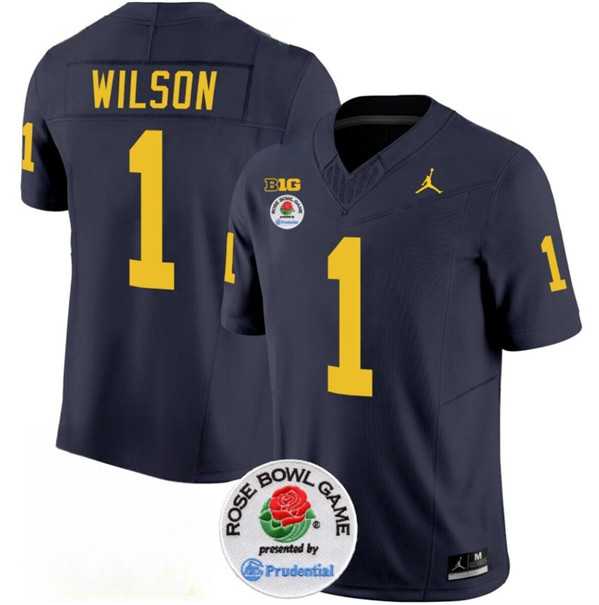 Men%27s Michigan Wolverines #1 Roman Wilson 2023 F.U.S.E. Navy Blue Rose Bowl Patch Stitched Jersey Dzhi